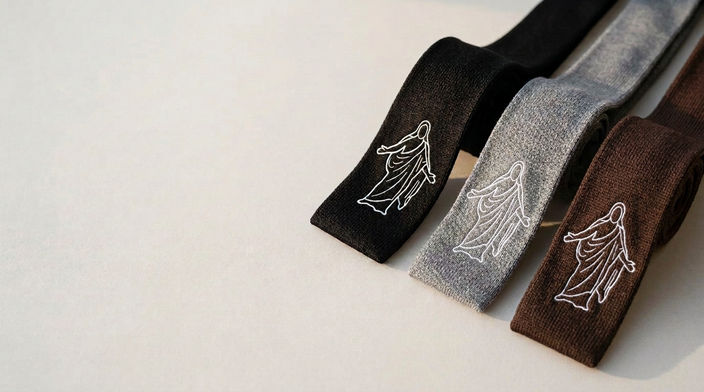 Black, heather grey, and brown knit ties with embroidered Christus outlines